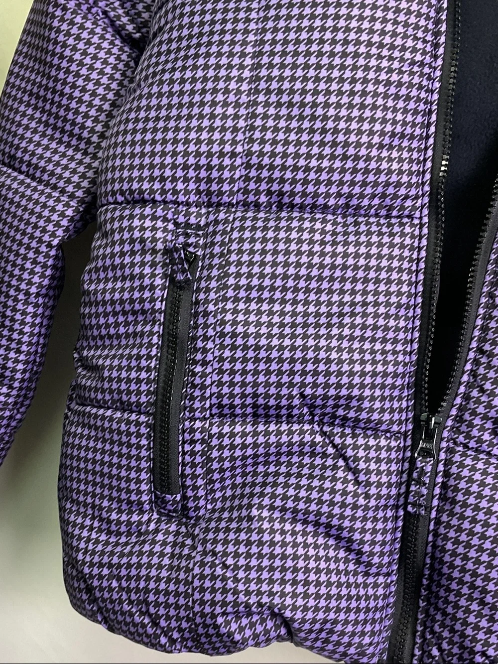 London Fog Girls Purple Houndstooth Puffer Coat with Faux Fur Hood and Beanie
